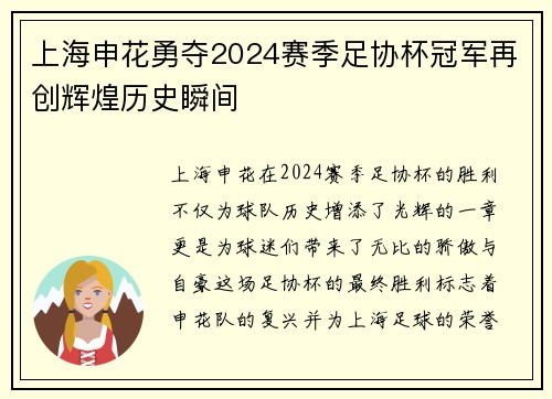 上海申花勇夺2024赛季足协杯冠军再创辉煌历史瞬间
